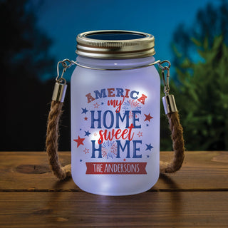Patriotic America home sweet home mason jar with family name
