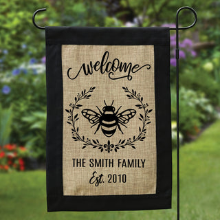 Welcome Bee Personalized Wreath Burlap Garden Flag