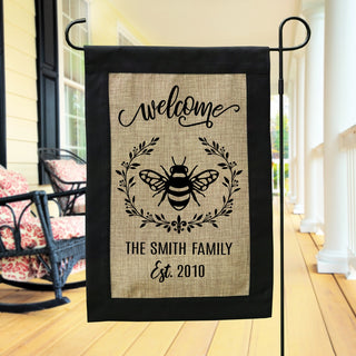 Welcome burlap garden flag with family name and date