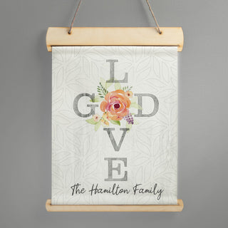 Love God hanging canvas banner with family name 