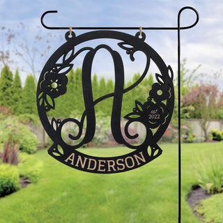 Floral wood garden flag with initial and name