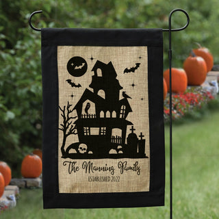 Haunted house burlap garden flag with family name