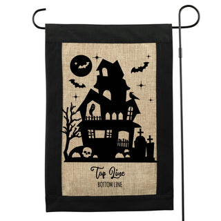 Haunted House Personalized Black Border Burlap Garden Flag