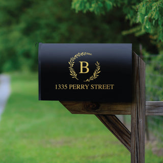Wreath gold mailbox decal with initial and address