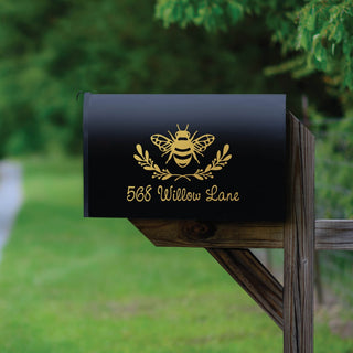 Laurel wreath with bumble bee gold mailbox decal with address