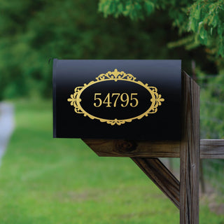 Ornamental gold mailbox decal with number
