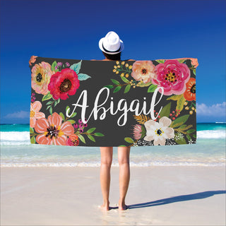 Vintage Floral Personalized Charcoal Velour Beach Towel