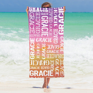 Pink ombre velour beach towel with name