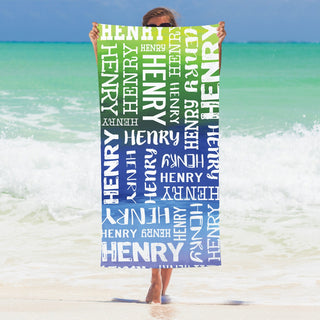 Blue ombre velour beach towel with name
