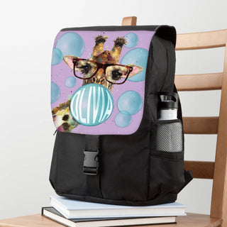 Giraffe blowing bubble flap backpack with name