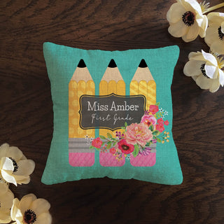 Floral pencil gift pillow with name and grade