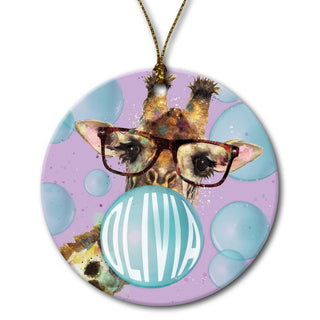 Bubble Gum Giraffe Personalized Round Ceramic Ornament
