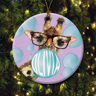 Bubble gum giraffe ceramic ornament with name