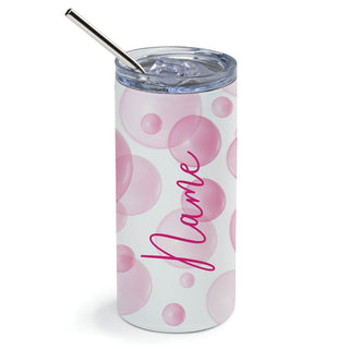 Pink Bubbles and Script Name Stainless Steel Tumbler with Straw