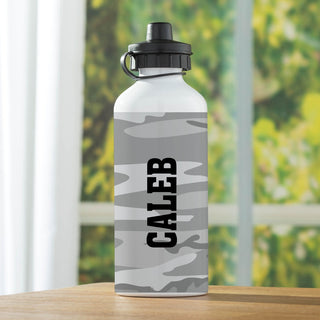 Gray camouflage water bottle with name