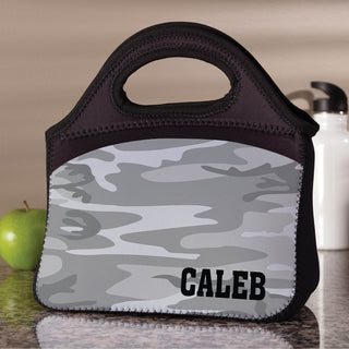 Gray camouflage lunch bag with name