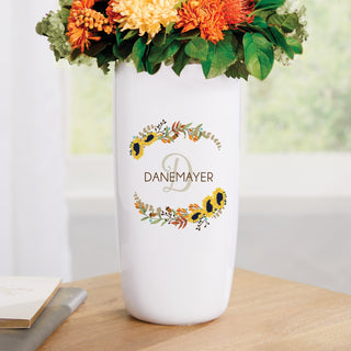 Sunflower wreath ceramic vase with name and initial