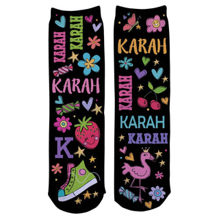 My Name  Girly  Pattern Personalized Black Crew Socks