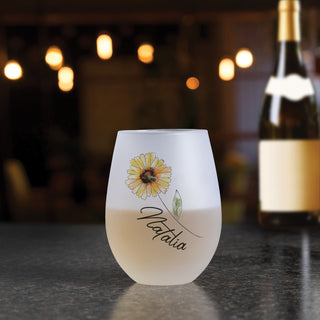 Yellow Flower Personalized Frosted Stemless Wine Glass
