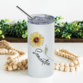 Yellow flower steel tumbler with straw and lid