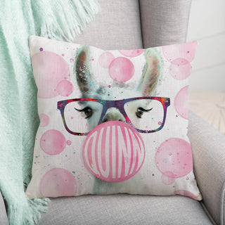 Bubble gum llama throw pillow with name
