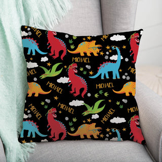Colorful dinosaurs throw pillow with name
