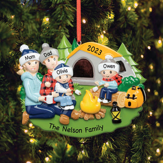 Camp Fire Family of 4 Personalized Ornament