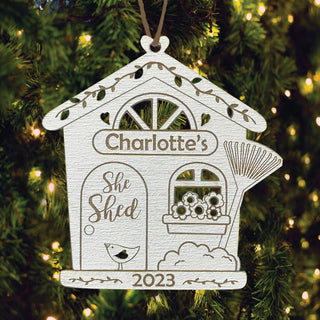 She Shed Personalized White Wood Ornament