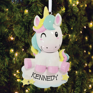 Unicorn on cloud ornament with name 