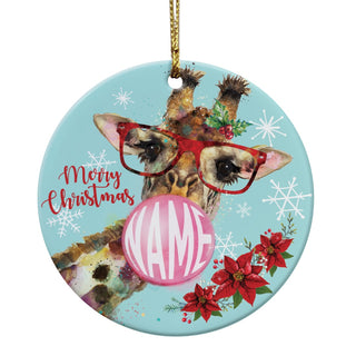 Merry Christmas Personalized Bubble Gum Giraffe Round Ceramic Ornament