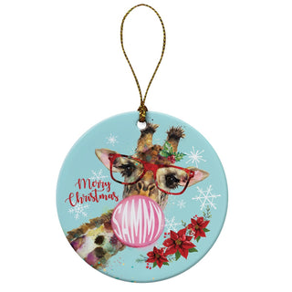 Merry Christmas Personalized Bubble Gum Giraffe Round Ceramic Ornament