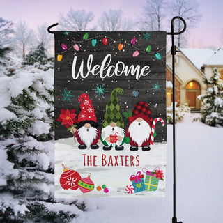 Holiday gnome garden flag with name 