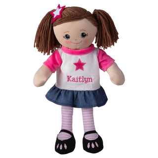 Brunette Girl Doll with Pink Star Dress & Matching Hair Clip
