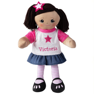 Hispanic Girl Rag Doll with Pink Star Dress & Matching Hair Clip