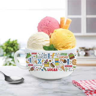 Personalized Ice Cream Bowl with Repeated Name in with fun food icons