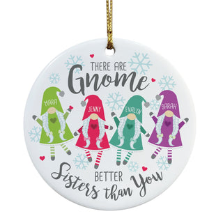 Four gnome sisters round ceramic ornament with names 