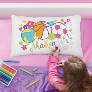 Color your own sports and flower pillowcase with name 