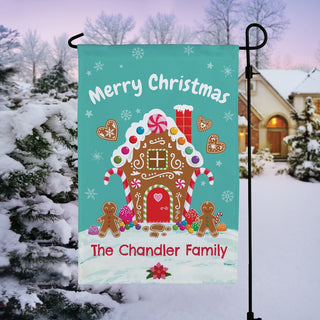 Gingerbread house garden flag with family name