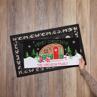 Merry Christmas Gingerbread Camper Ð 12x27 Inch Entry Mat with Frame