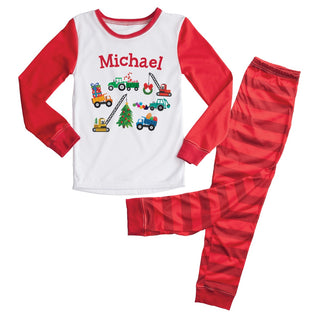 Christmas Construction Truck Personalized Red Fitted Stripe Pajamas