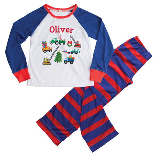 Christmas Construction Truck Blue and Red Stripe Loungewear