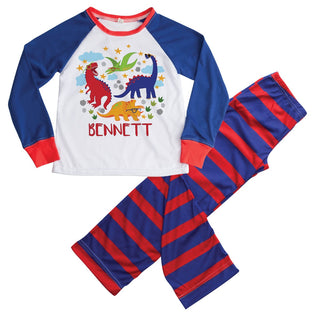 Colorful dinosaurs blue stripe pajamas with name 