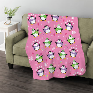 Penguin Personalized Pink Fuzzy Throw Blanket