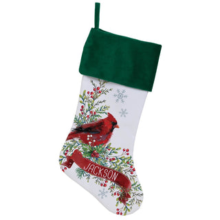 Cardinal Winter Foliage Personalized Green Cuff Stocking