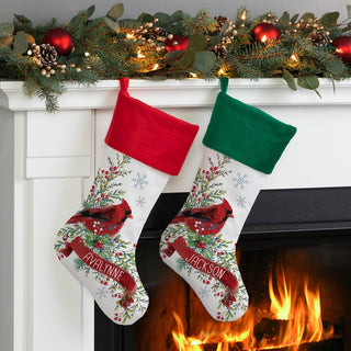 Cardinal Winter Foliage Personalized Green Cuff Stocking
