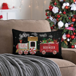 Merry Christmas train lumbar pillow with name 