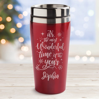 Most Wonderful Time of the Year Personalized Red Travel Mug