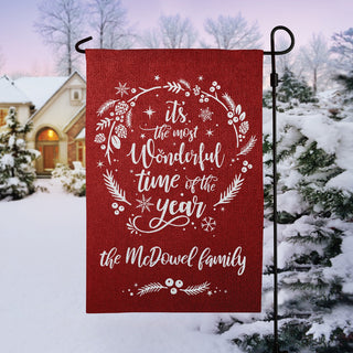 Most wonderful time of the year garden flag with name 