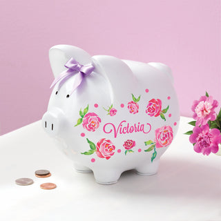Rosey Posey Small White Resin Piggy Bank