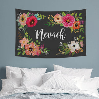 Floral on Charcoal Script Name Personalized Large Wall Tapestry